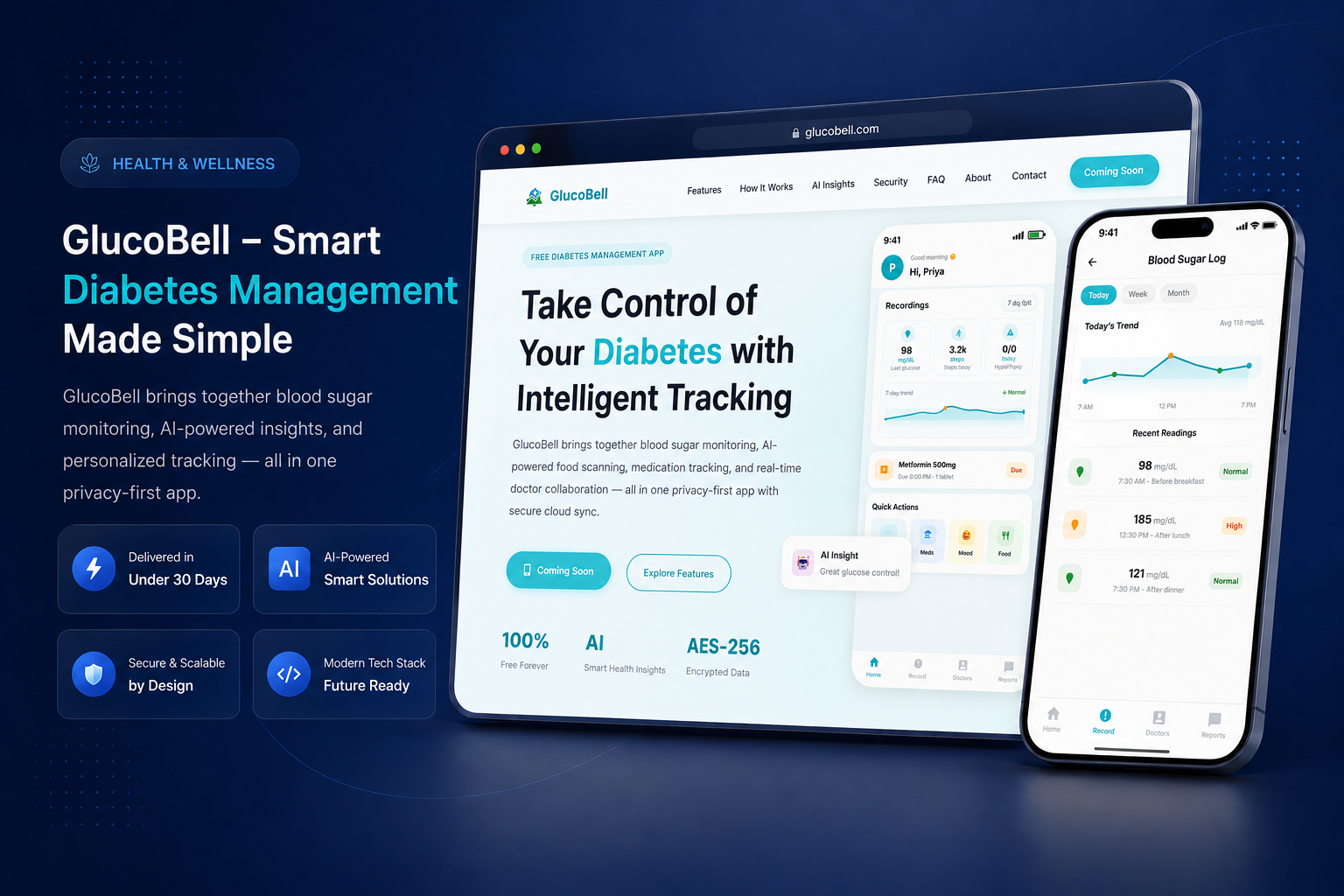 GlucoBell diabetes management dashboard and mobile app